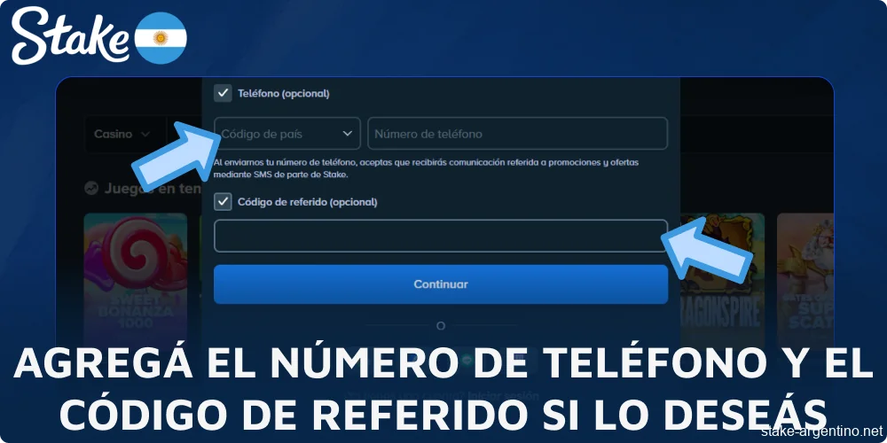 Agregá el número de teléfono y el código de referido en Stake si lo deseás