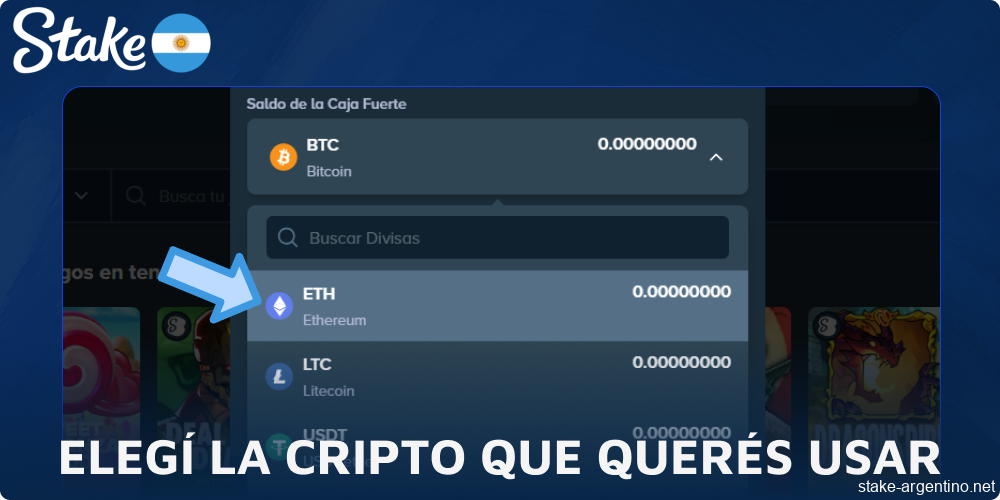 Elegí la cripto que querés usar en Stake