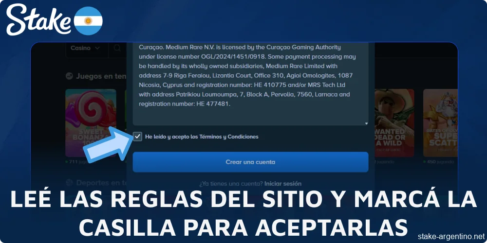 Leé las reglas del sitio Stake y marcá la casilla para aceptarlas
