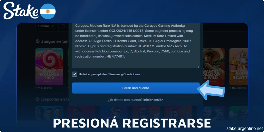 Presioná Registrarse en Stake