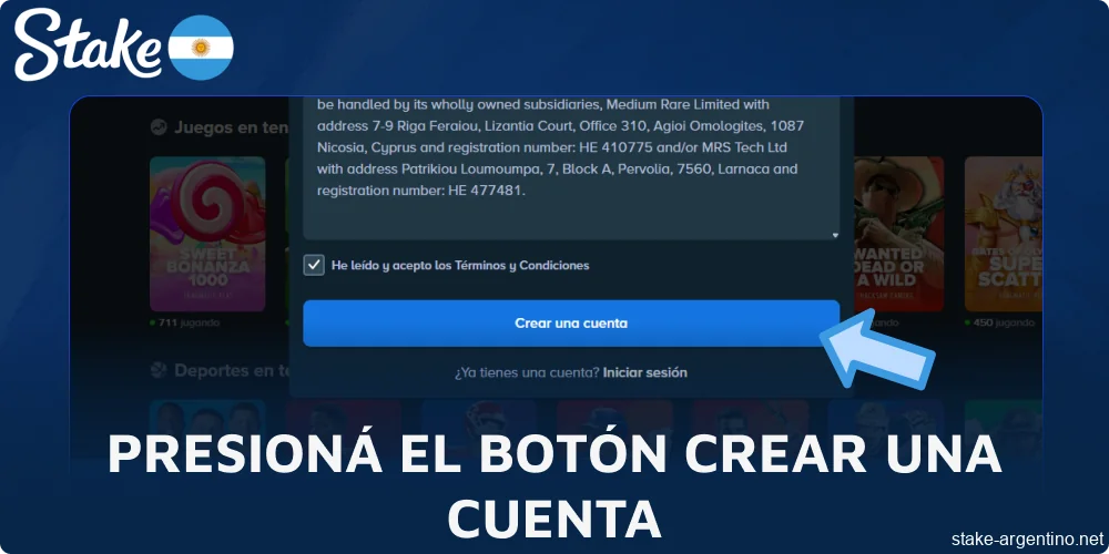 Presioná el botón Crear una Cuenta en Stake