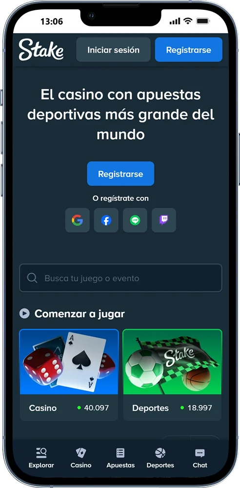 Página principal de la aplicación móvil Stake
