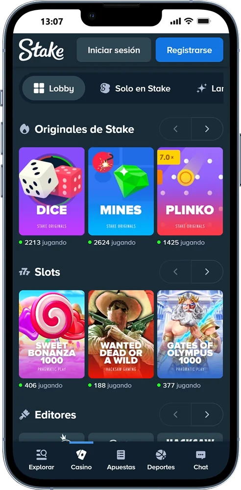 Juegos de casino disponibles en la aplicación móvil Stake