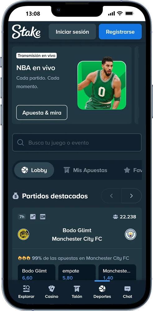 Opciones de apuestas deportivas en la aplicación móvil Stake