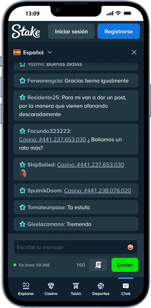 Chat en línea disponible en la aplicación móvil Stake.