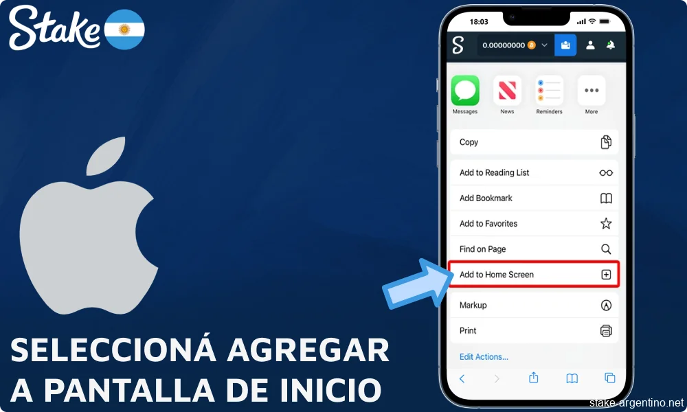 Seleccioná Agregar a Pantalla de Inicio en Stake