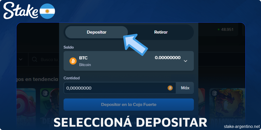 Seleccioná Depositar en Stake
