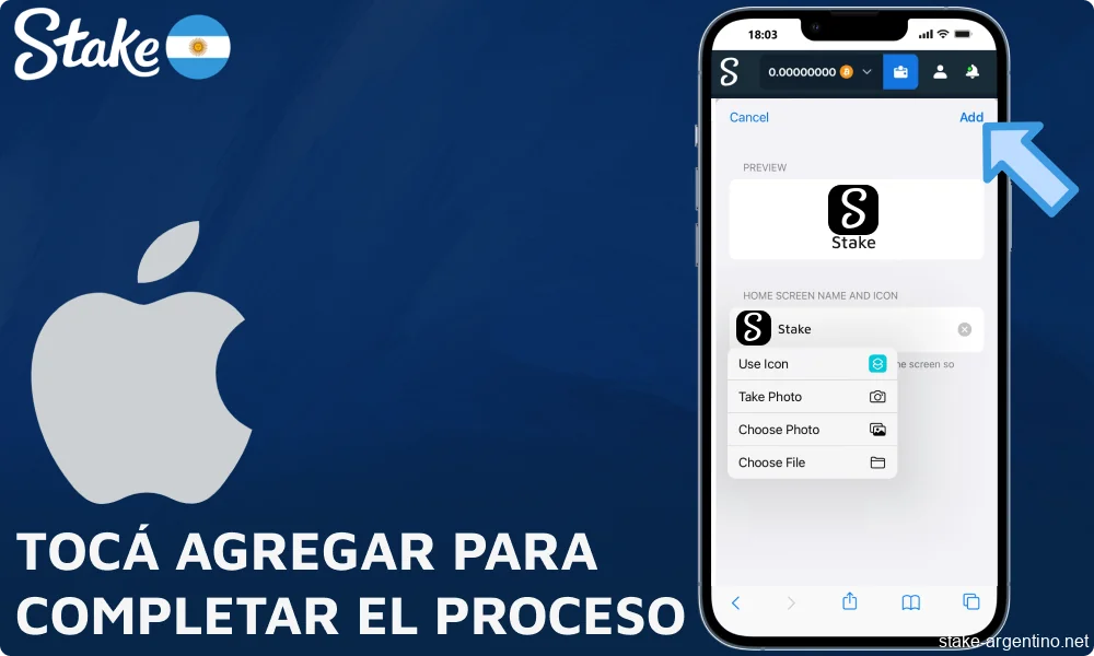 Tocá Agregar para completar el proceso en Stake